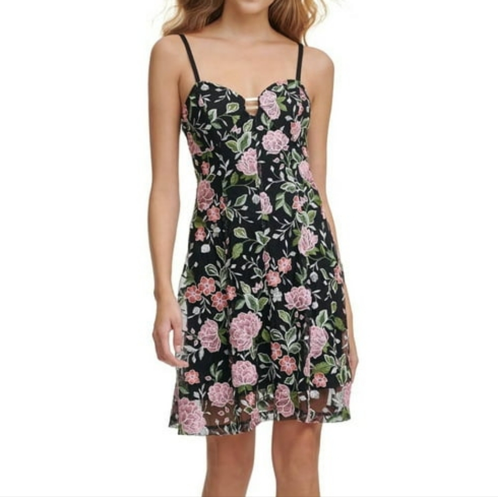 NWT Guess Floral Embroidered Black Dress, Size 14
